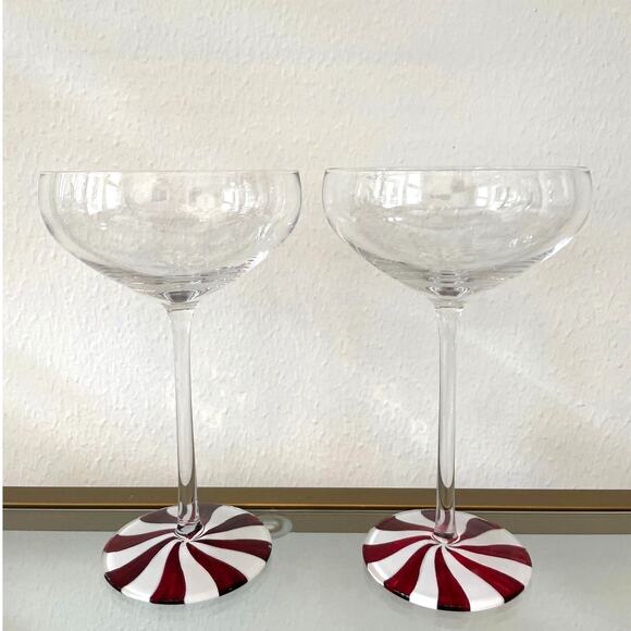 Peppermint Swirl Martini Coupe Cocktail Glasses Set of 2 Christmas Holiday New - Picture 1 of 8